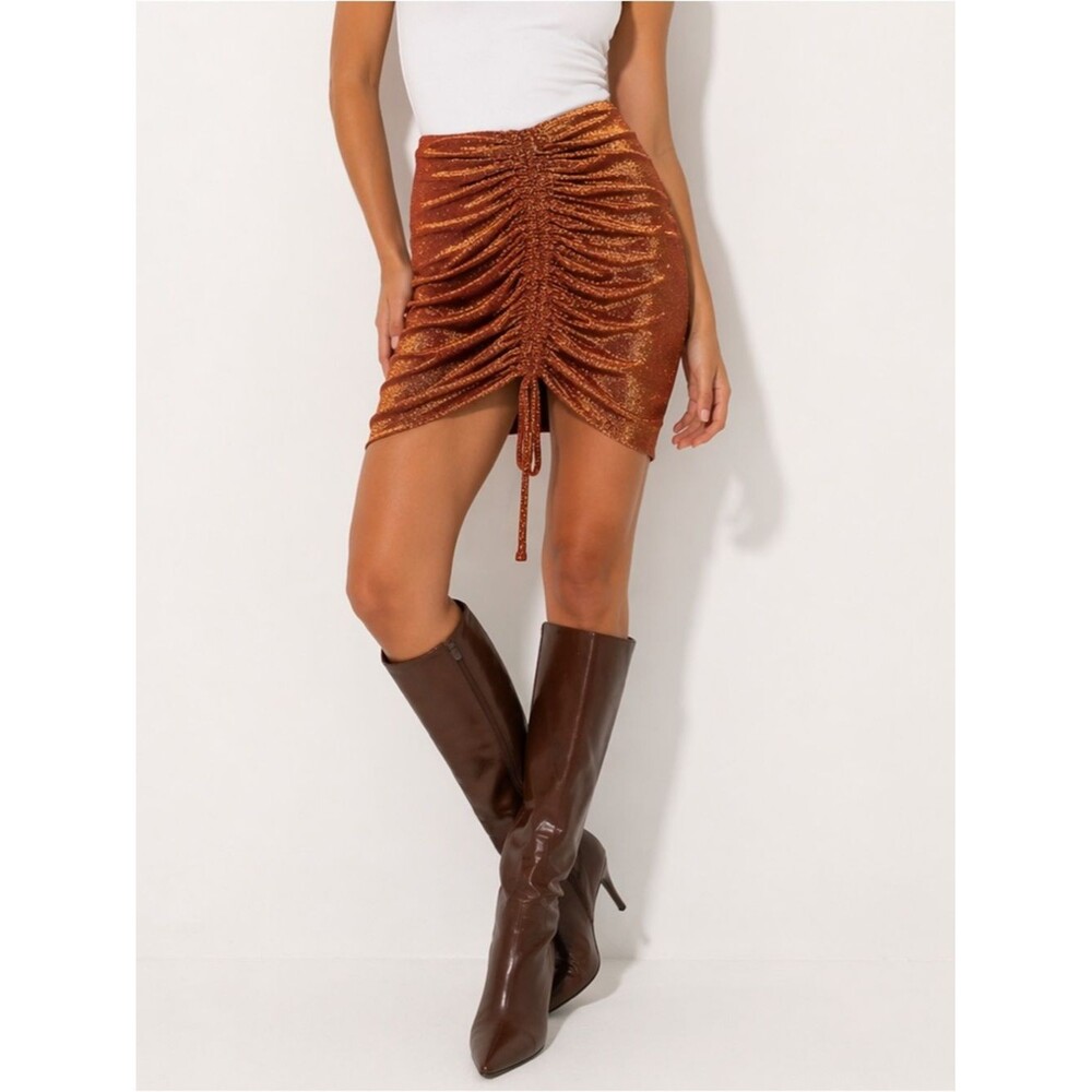MESHKI Jessie Mini Skirt Women's Small Copper Ruched Metallic Party Night Out Gl